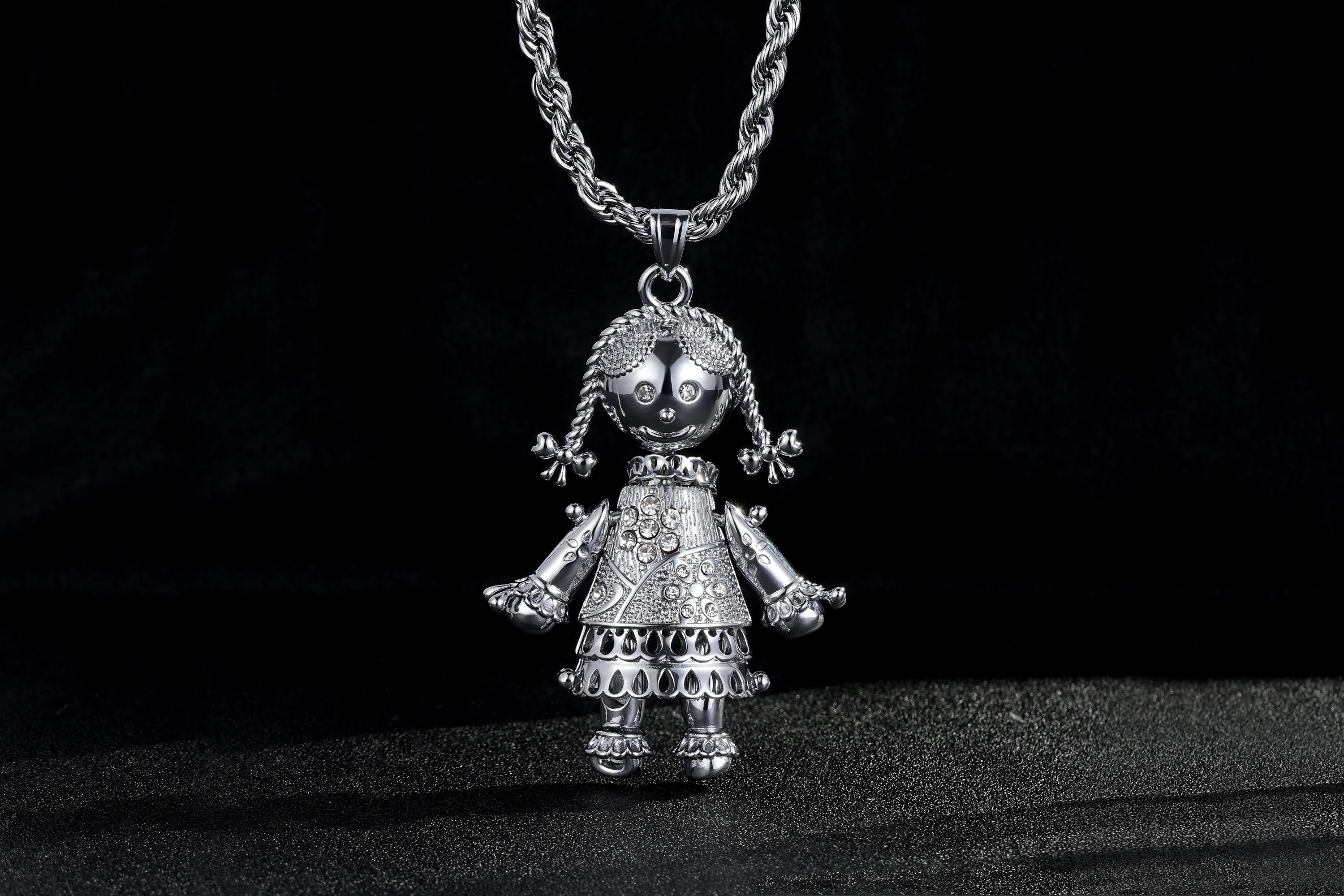 Silver XL Heart Rag Doll Pendant Necklace 24" - Image 3